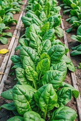 Rows of lush green spinach growing in a vibrant garden.