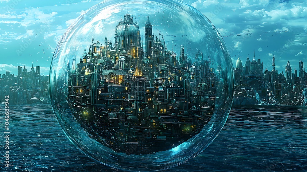 Poster exploring the mystical underwater city encased in a giant bubble a vision of futuristic architecture
