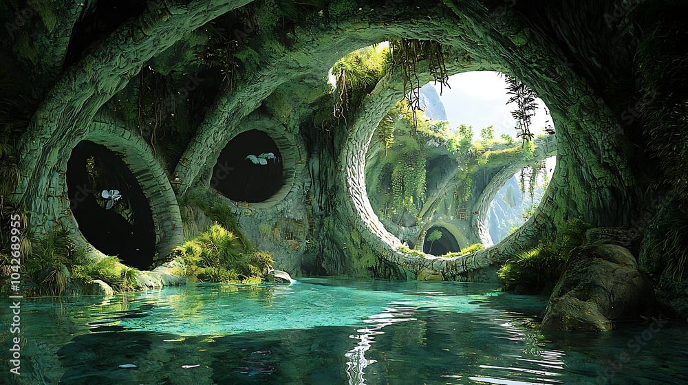 Poster exploring the enchanting fusion of nature and futurism in an underground cityscape filled with life 