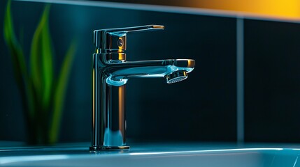 Water-saving faucet in a modern bathroom vibrant lighting clean sharp focus high detail ultra HD photography
