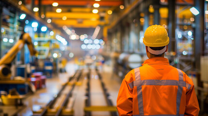 Factory worker wearing protective gear overseeing operations in a large industrial facility