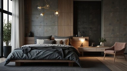 Modern bedroom interior with a king size bed, nightstand, and armchair.
