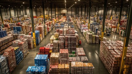 Fototapeta premium An expansive industrial warehouse packed with a diverse array of products and supplies, illustrating the complexity and scale of modern supply chains, photography style