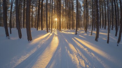 A snowy forest path leads through tall pine trees towards a setting sun.