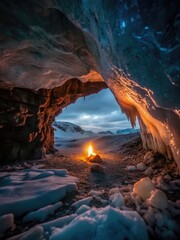 Fototapeta premium Cozy campfire inside a snow-covered cave.