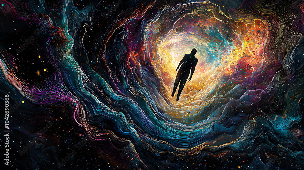 Poster Exploring the boundless universe a surreal journey of a person floating through cosmic colors and light
