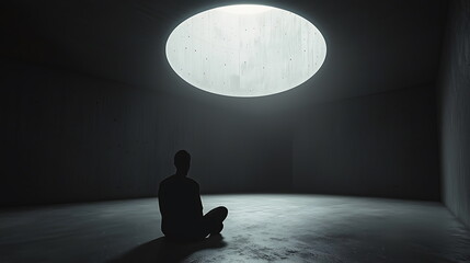 Obraz premium Exploring inner peace a solitary figure meditating in a dimly lit room under a circular skylight