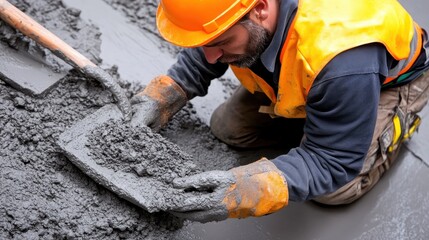 Construction Worker Skillfully Laying Fresh Cement on a Floor at Building Site for New Project Development