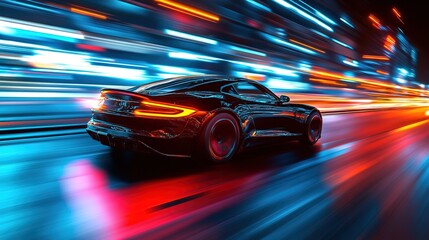 Fototapeta premium Futuristic car at high speed at night in city with motion blur