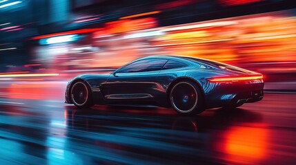Futuristic car at high speed at night in city with motion blur