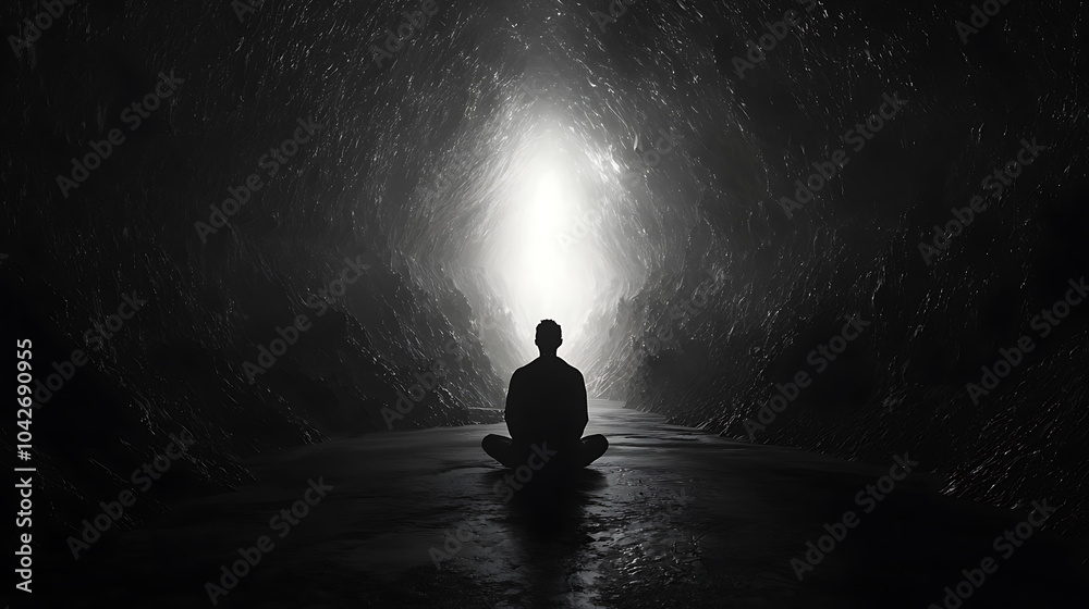 Poster silhouette of a meditative figure in a dark cave illuminated by ethereal light exploring inner peace
