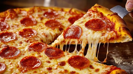 A delicious pepperoni pizza with melted cheese being served.