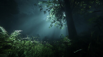Fototapeta premium Enchanting sunlight beams penetrating a lush forest creating a mystical and serene atmosphere amidst nature's splendor