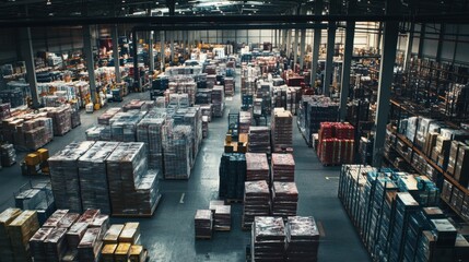 An expansive industrial warehouse packed with a diverse assortment of merchandise and supplies, illustrating the complexity of modern supply chains, photography style