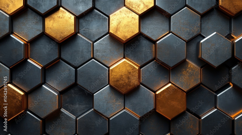 Poster the surface features a striking arrangement of hexagonal shapes in dark and golden metallic hues, of