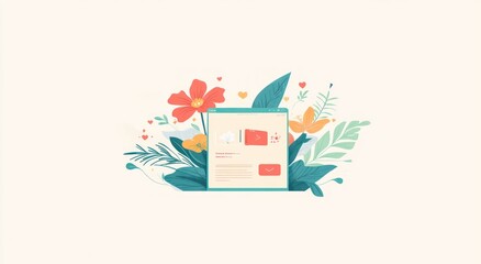 A colorful illustration featuring a product box surrounded by vibrant flowers and leaves.