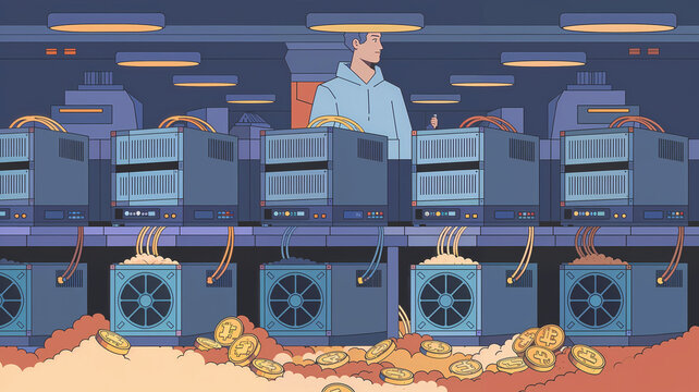 Crypto Mining Operation with Multiple Computers, Fans, Dust, Coins, and Man in Hoodie