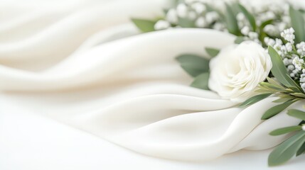 Obraz premium White Silk Fabric with White Flower and Green Leaves.