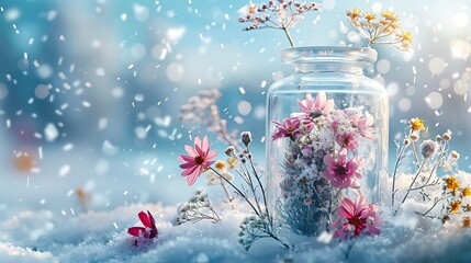 Amazing scent jar with wildflowers and snowfall on a frosty landscape
