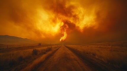 A long dirt road leads towards a towering plume of smoke and flames from a wildfire in the distance, casting an ominous orange glow over the landscape.