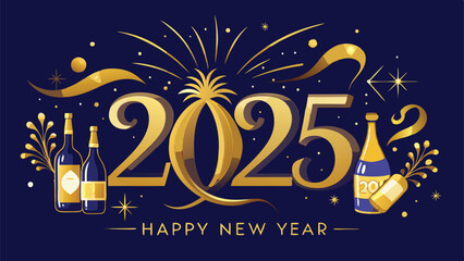 Fototapeta premium Elegant Gold Script Happy New Year 2025 Vector with Fireworks and Champagne Bottles Popping Background
