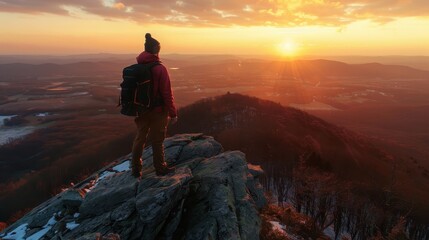 Fototapeta premium Hiker on Mountain Peak at Sunset Overlooking Vast Landscape