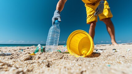 Volunteers cleaning up litter on a sunny beach eco-friendly activity clean sharp focus high detail ultra HD photography