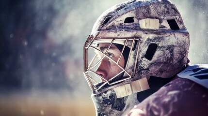 Close-up of a hockey goalie's face with a determined look in his eyes, ready to face the puck.