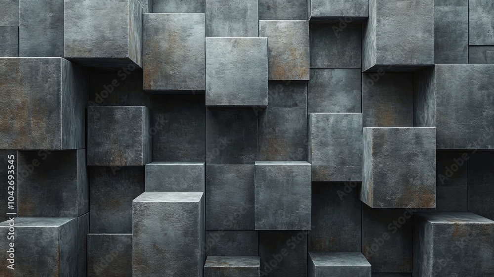 Poster the wall features a striking arrangement of gray concrete cubes of varying sizes, creating a modern 