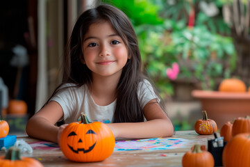 Mid-shot of a Latina Girl Painting a Pumpkin for Halloween