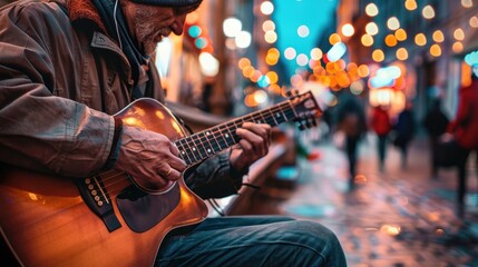 Obraz premium Musician Playing Guitar on a Quiet Street at Dusk