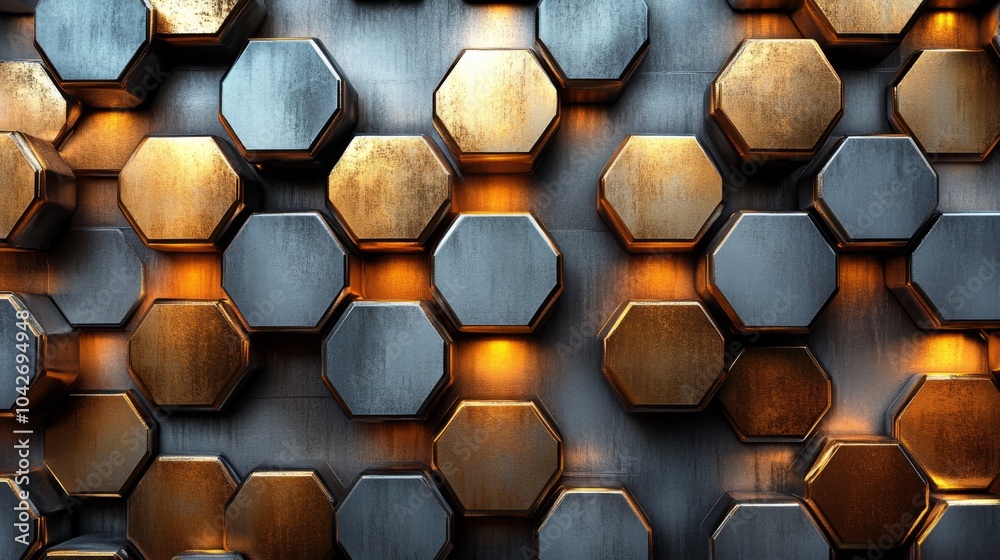 Aufkleber a striking arrangement of hexagonal metallic panels showcases a mix of gold, silver, and dark tones,