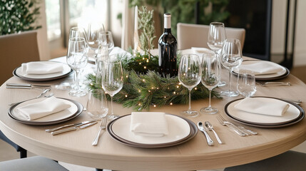 An elegant dinner setting features round tables adorned with white linens, floral arrangements, and sparkling lights, creating a festive and Christmas 
atmosphere