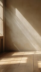 Obraz premium Sunlight streams through a window, casting long shadows on the wooden floor of an empty room.