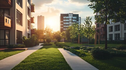 A modern apartment complex with a green courtyard and walkways. The sun is setting in the background, casting a warm glow on the scene.