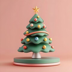 Festive 3D of a Whimsical Christmas Tree Decorated with Ornaments and Tinsel Against a Simple Contrasting Background
