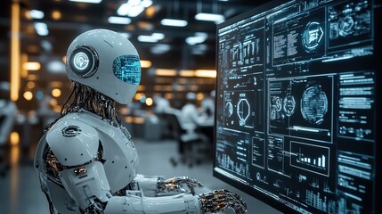 Fototapeta premium A corporate office with AI-driven automation systems, employees interacting