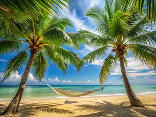 Serene Tropical Escape: Hammock Swaying Between Palm Trees in a Tranquil Beach Setting