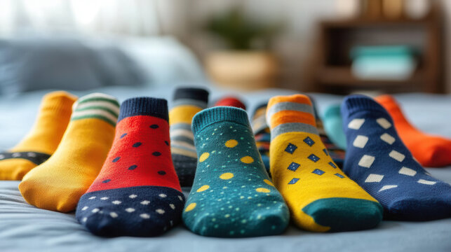 Bright and colorful socks scattered on bed create playful and cheerful atmosphere, showcasing various patterns and colors that add vibrancy to space