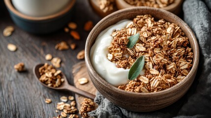 Fototapeta premium A Bowl of Granola with Yogurt and Sage Leaves on a Wooden Table
