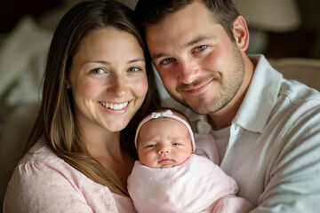 Fototapeta premium A man and woman, both smiling, pose with their newborn baby, who is wrapped in a pink blanket