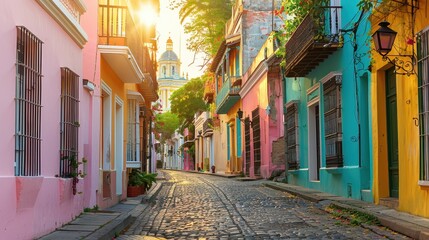 Obraz premium Charming Cobblestone Street in Historic Town at Sunset