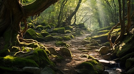 Enchanting forest paths, with sunlight shining through the trees, perfect for exploring and discovering themes