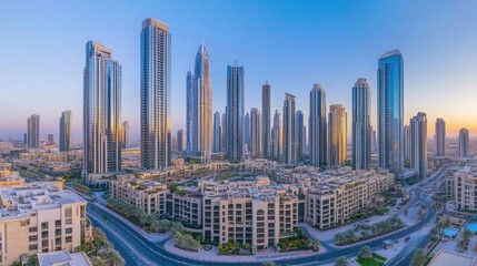 Fototapeta premium A panoramic view of a modern city skyline at sunrise with tall skyscrapers and residential buildings.