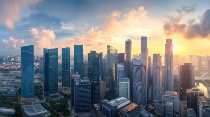 Panoramic view of a modern city skyline with skyscrapers and a sunset.