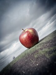Dramatic image of a red apple on a gloomy dark background.