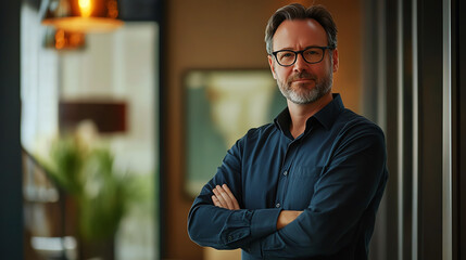 A business leader, arms crossed, looking relaxed but focused before an important meeting.