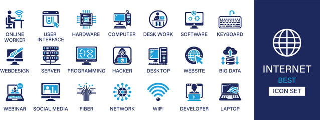 Internet best solid icon set collection. Online worker, hardware, computer, desk work, software, server, hacker, website, big data and vector illustration.