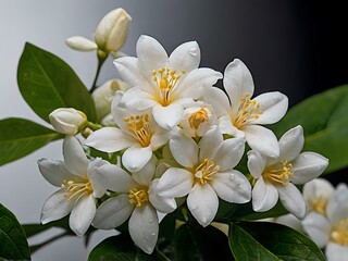 Obraz premium close up photo of beautiful jasmine flowers with white wall background
