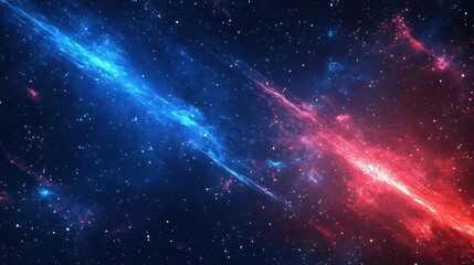 A vibrant cosmic scene featuring blue and red nebulae against a starry background.